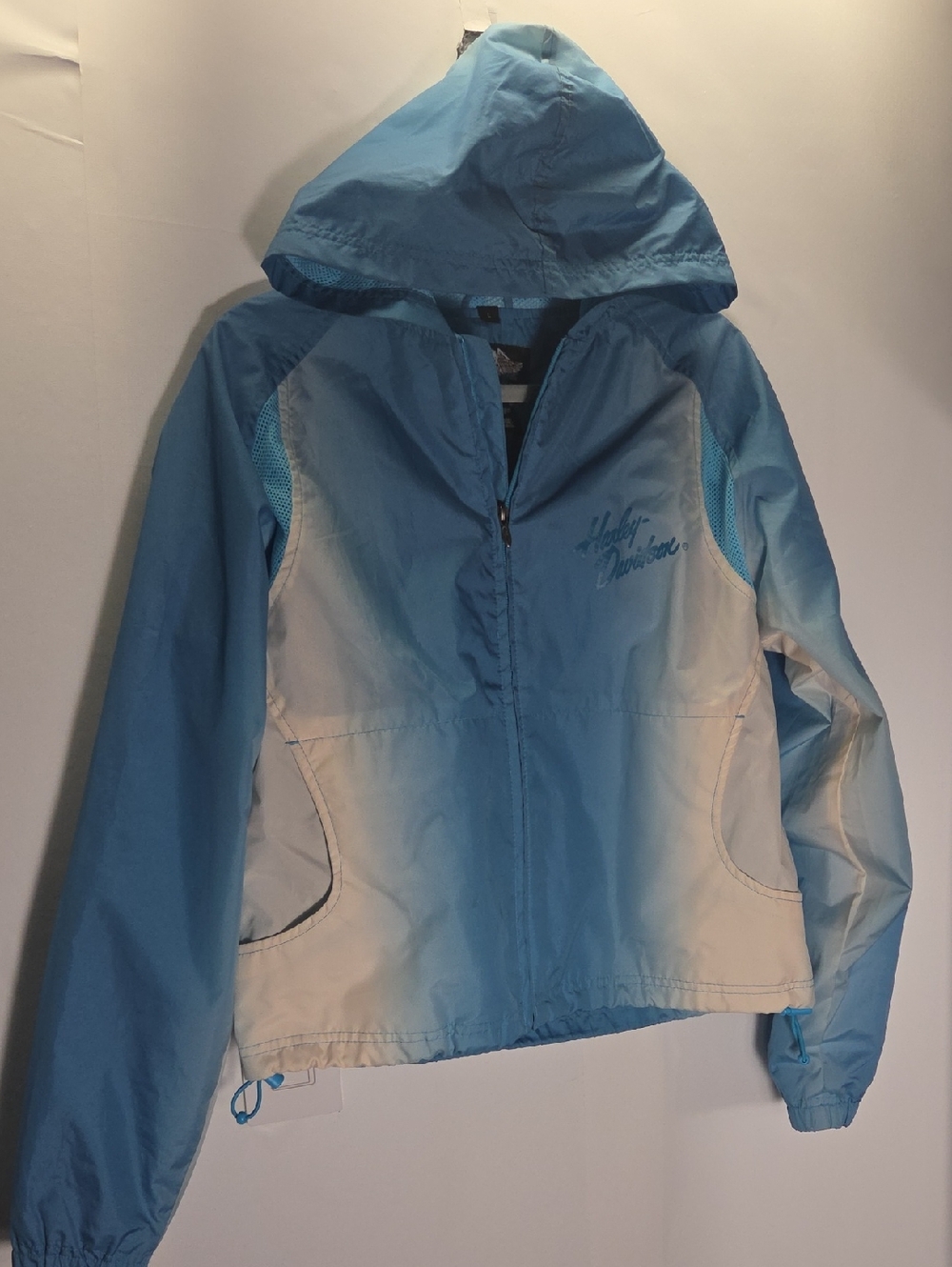 Harley-Davidson Y2K womens Ombre Light Blue and White Hooded Rain Jacket Size L